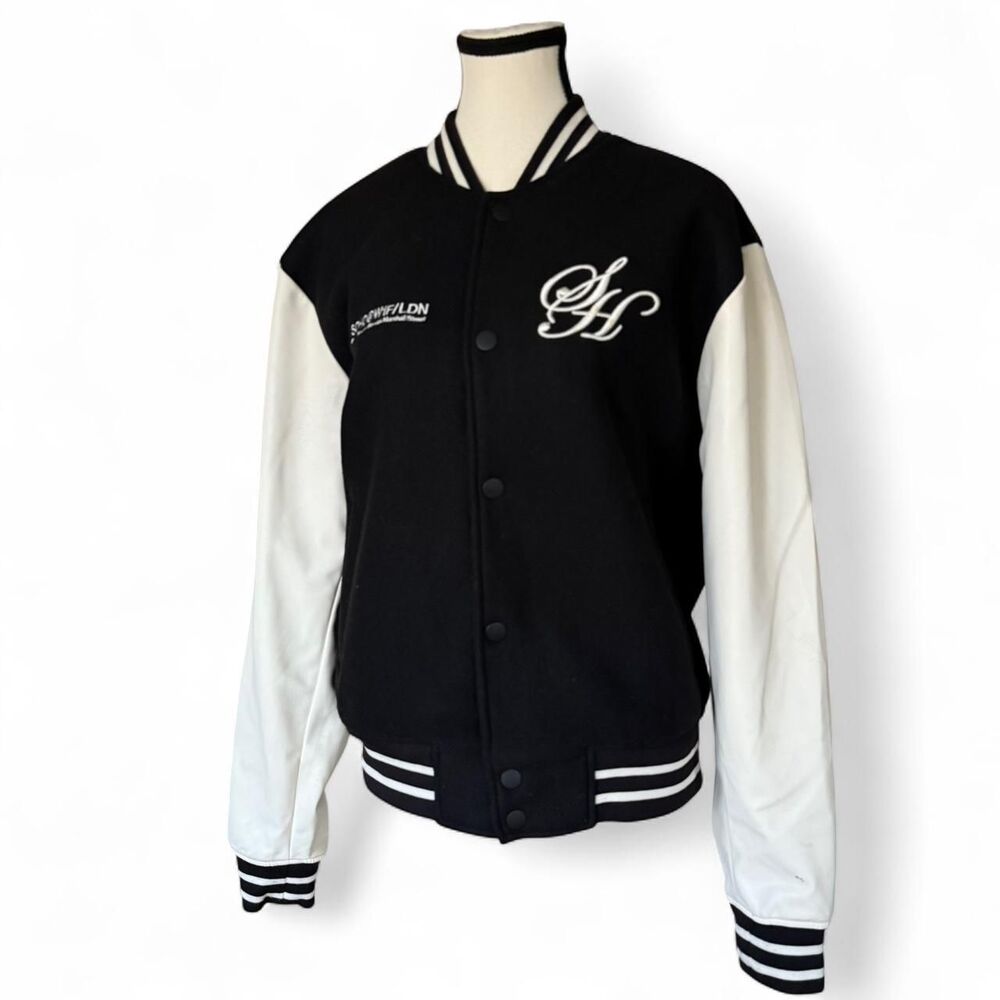 H&M Unisex Varsity Jacket Black White Wool Leather Letterman Bomber Small